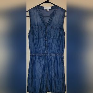 Kelly Renee denim romper size M ruffled leg,tie waist and button front. 4 pocket